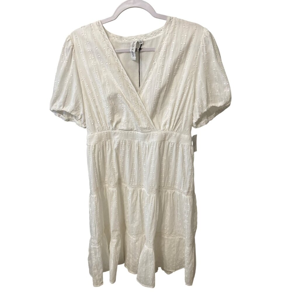Grace & Karma Dress Womens White Lace Tiered Puff Sleeves Smocking Embroidered L